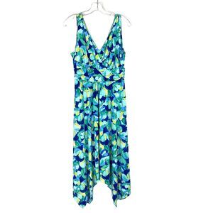 Pappagallo Midi Dress Size M Green Blue Floral Jersey Knit Stretch Beach Coastal